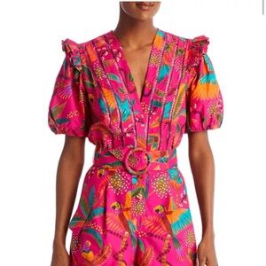 Farm Rio Macaw Belted Puff Sleeve Romper, sz M